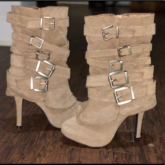 Charlotte Russe Shoes - Tan Suede Heel Botties with Side Buckle Boots